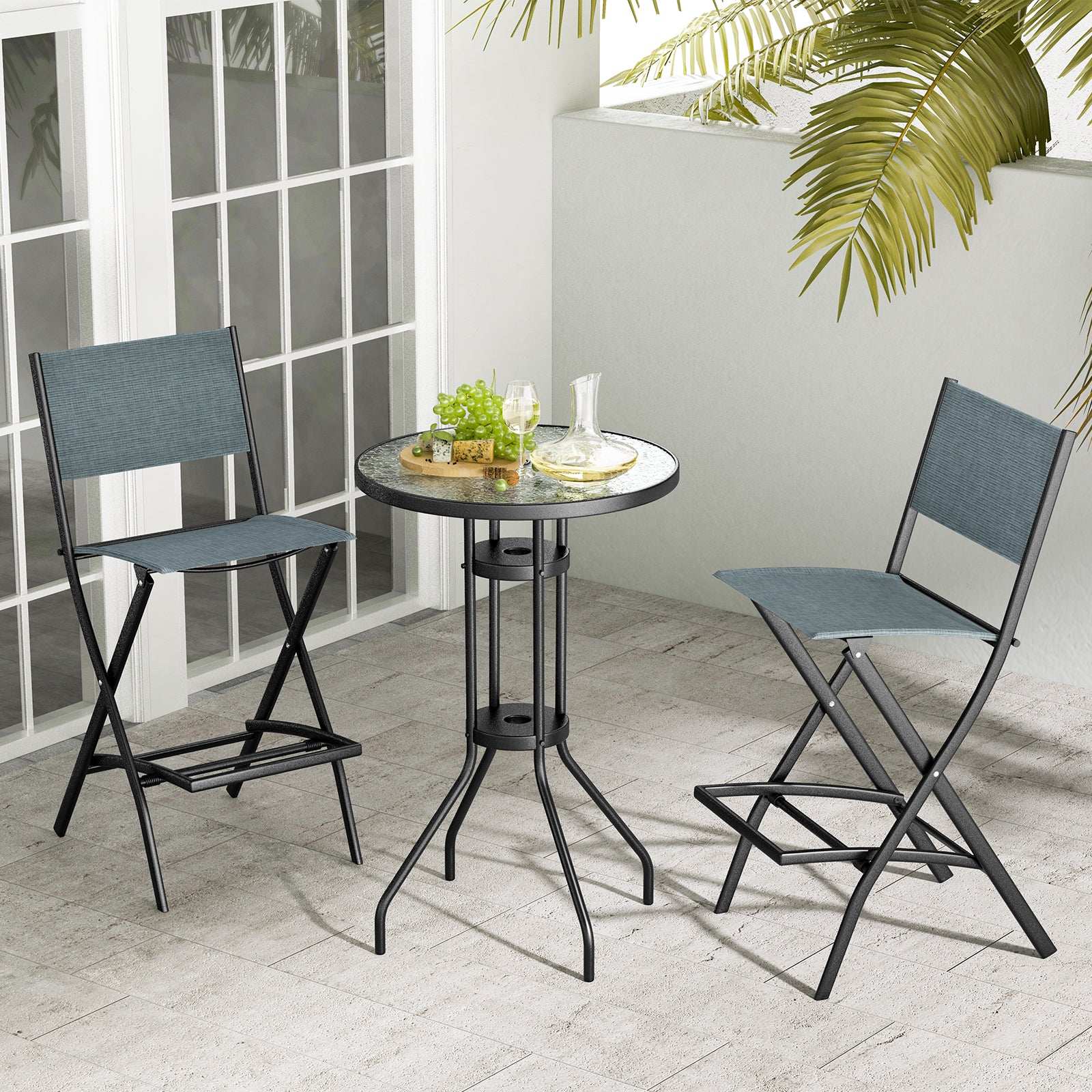 Folding Bar Height Stool with Metal Frame and Footrest-Blue